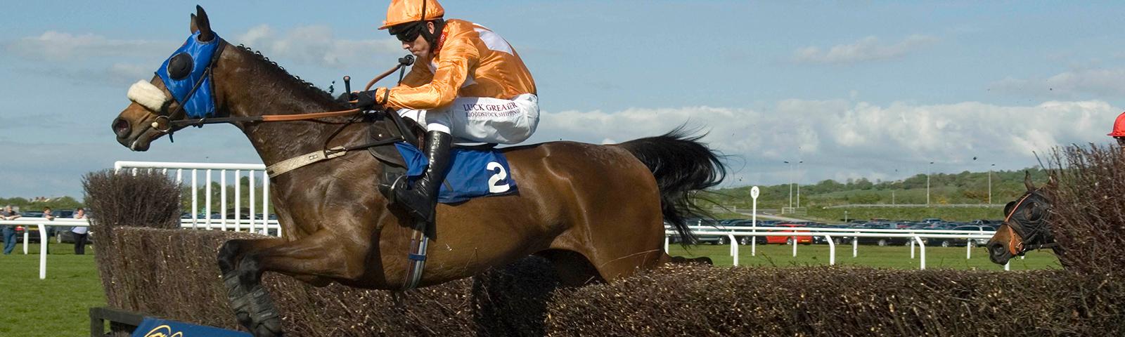 Jockey jumping over a hurdle at Ffos Las Racecourse