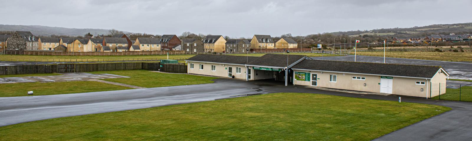 View of the Reception building and the main entrance to Ffos Las Racecourse.