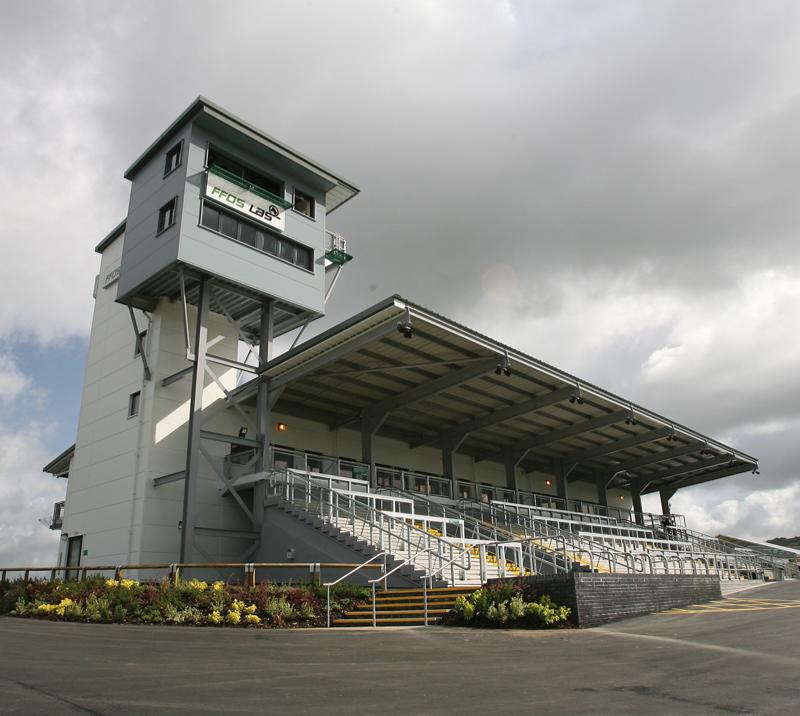 View of the Jonathan Davies Grandstand at Ffos Las Racecourse.